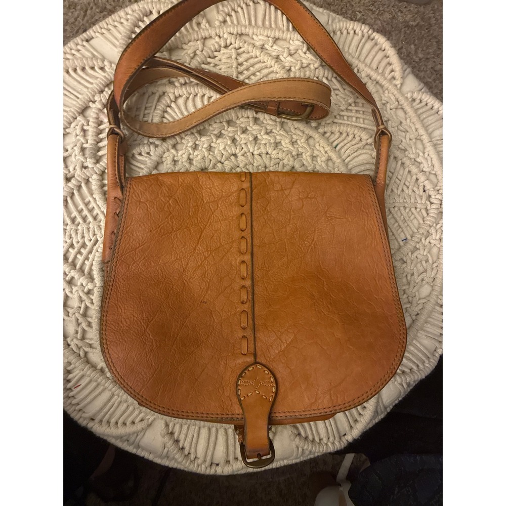 Lucky Brand Brown Leather Crossbody‎ Saddle Bag Whipstitch Boho Cognac